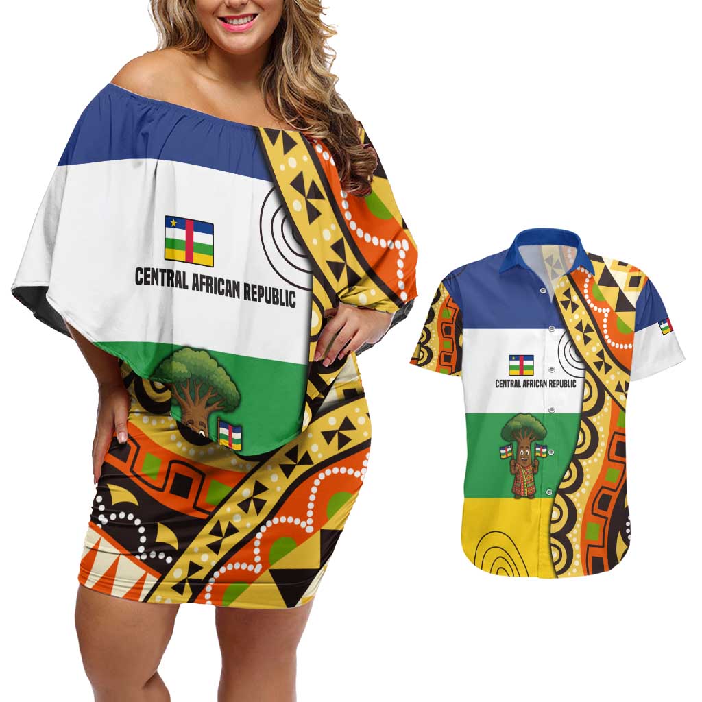 Central African Republic Couples Matching Off Shoulder Short Dress and Hawaiian Shirt with Cartoon Baobab Design and Flag Pattern - Wonder Print Shop