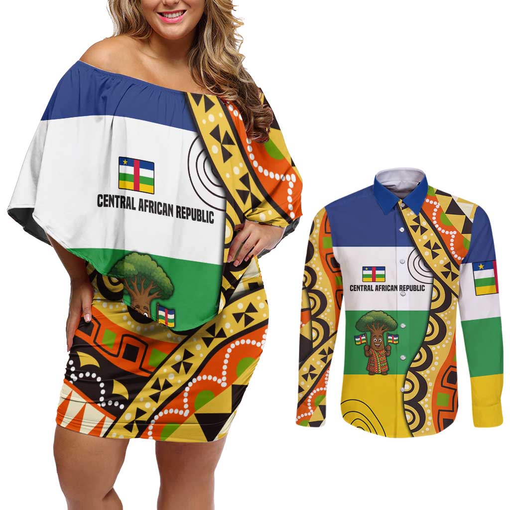 Central African Republic Couples Matching Off Shoulder Short Dress and Long Sleeve Button Shirt with Cartoon Baobab Design and Flag Pattern - Wonder Print Shop