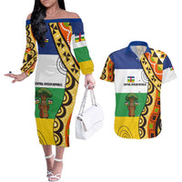 Central African Republic Couples Matching Off The Shoulder Long Sleeve Dress and Hawaiian Shirt with Cartoon Baobab Design and Flag Pattern - Wonder Print Shop