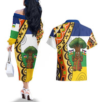 Central African Republic Couples Matching Off The Shoulder Long Sleeve Dress and Hawaiian Shirt with Cartoon Baobab Design and Flag Pattern - Wonder Print Shop