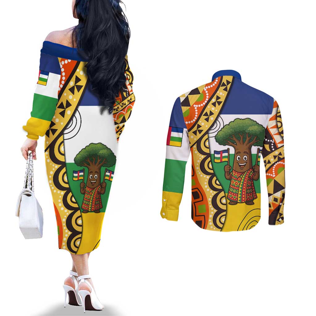 Central African Republic Couples Matching Off The Shoulder Long Sleeve Dress and Long Sleeve Button Shirt with Cartoon Baobab Design and Flag Pattern - Wonder Print Shop
