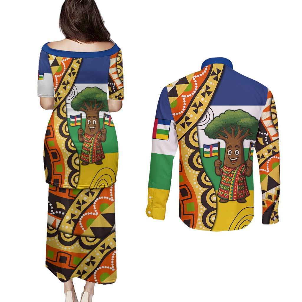 Central African Republic Couples Matching Puletasi and Long Sleeve Button Shirt with Cartoon Baobab Design and Flag Pattern - Wonder Print Shop