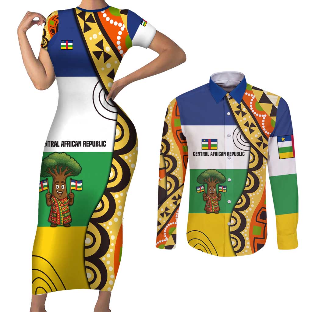Central African Republic Couples Matching Short Sleeve Bodycon Dress and Long Sleeve Button Shirt with Cartoon Baobab Design and Flag Pattern - Wonder Print Shop