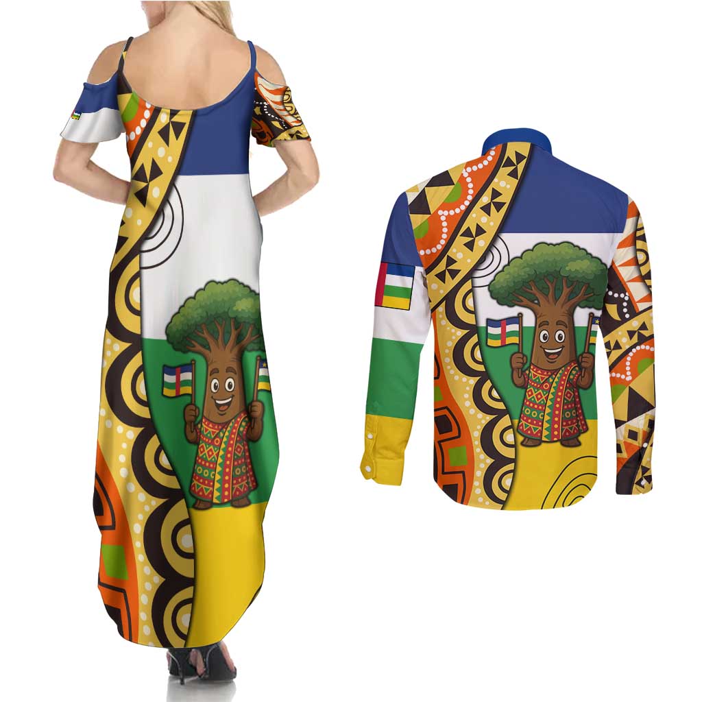 Central African Republic Couples Matching Summer Maxi Dress and Long Sleeve Button Shirt with Cartoon Baobab Design and Flag Pattern - Wonder Print Shop