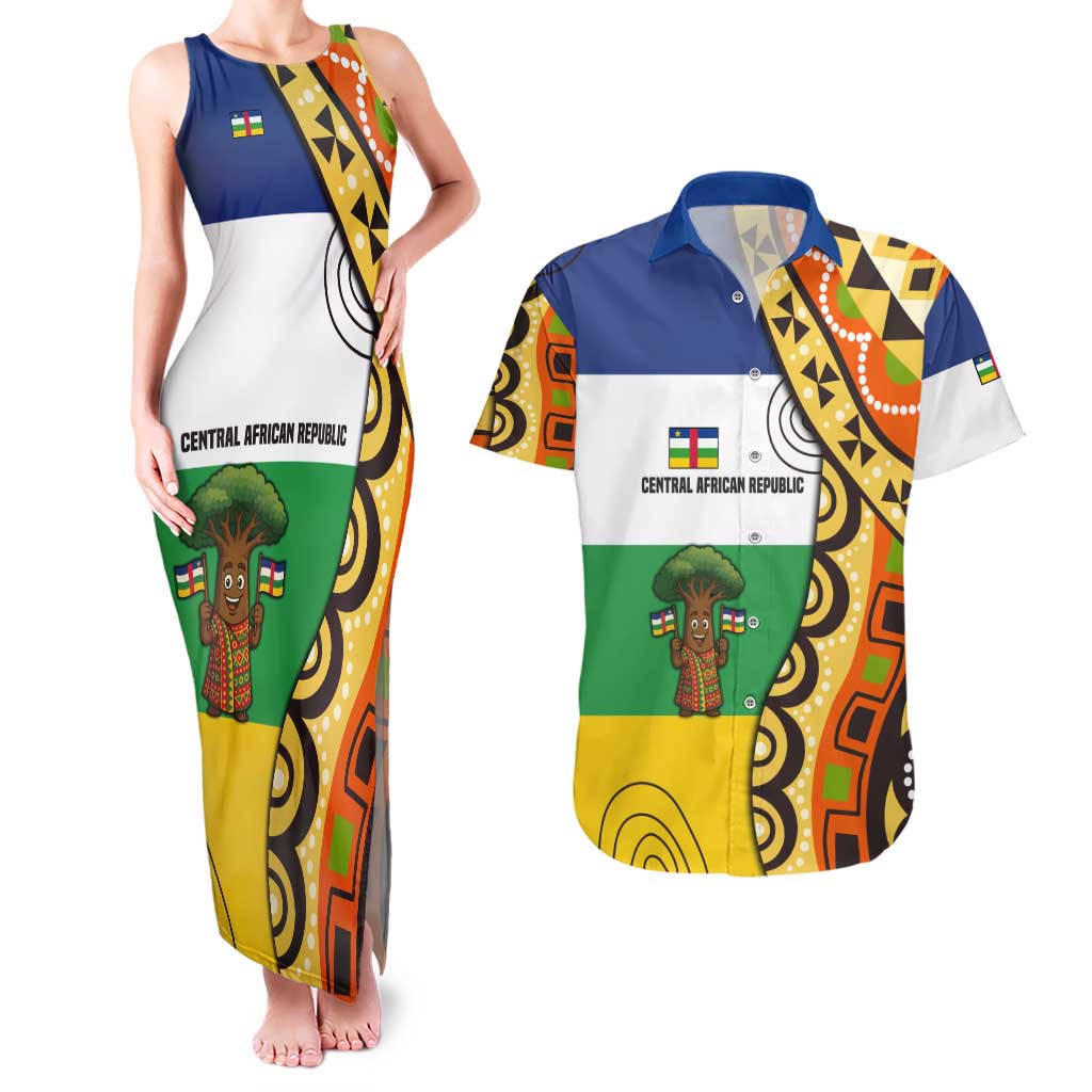 Central African Republic Couples Matching Tank Maxi Dress and Hawaiian Shirt with Cartoon Baobab Design and Flag Pattern - Wonder Print Shop