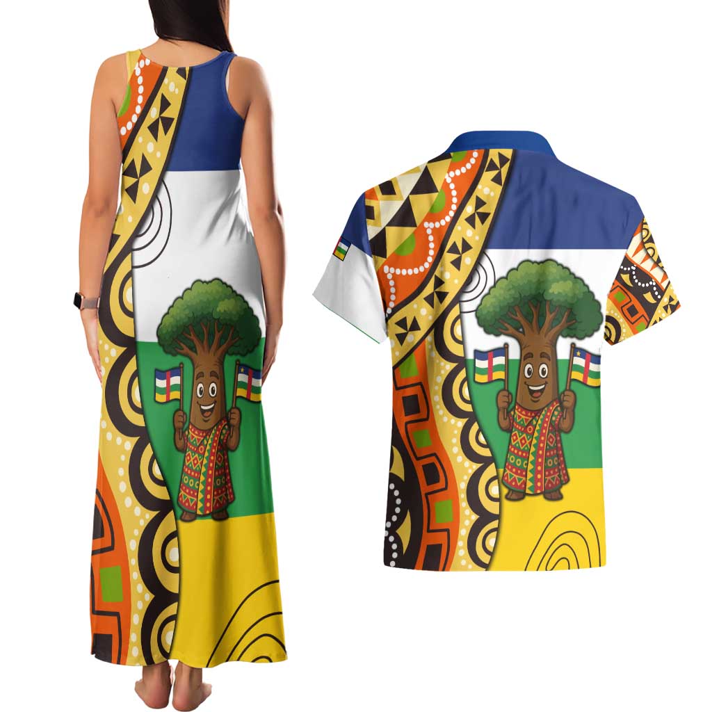 Central African Republic Couples Matching Tank Maxi Dress and Hawaiian Shirt with Cartoon Baobab Design and Flag Pattern - Wonder Print Shop
