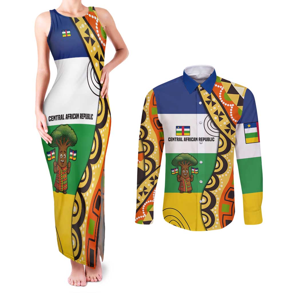 Central African Republic Couples Matching Tank Maxi Dress and Long Sleeve Button Shirt with Cartoon Baobab Design and Flag Pattern - Wonder Print Shop