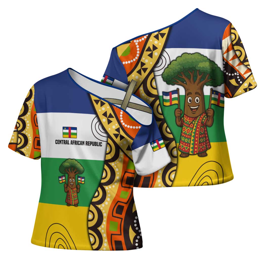 Central African Republic Cross Shoulder Shirt with Cartoon Baobab Design and Flag Pattern - Wonder Print Shop