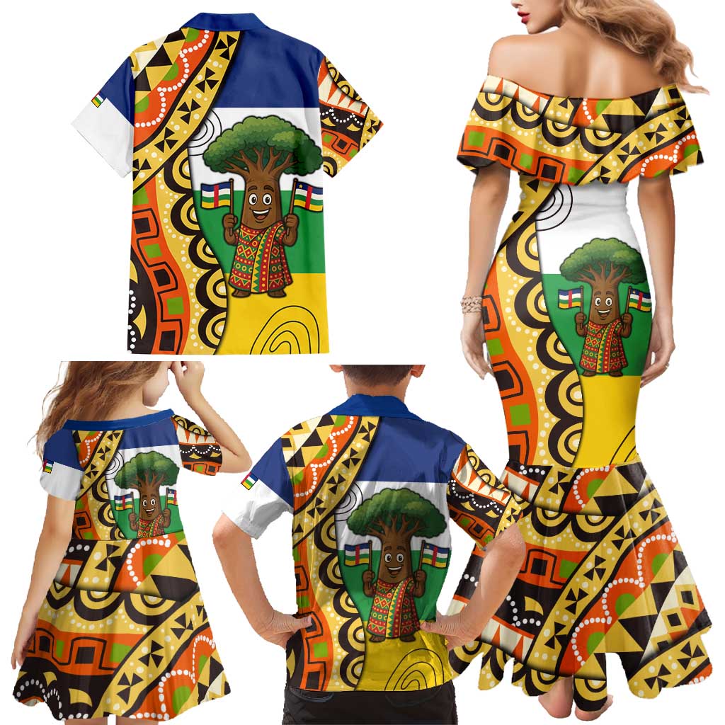 Central African Republic Family Matching Mermaid Dress and Hawaiian Shirt with Cartoon Baobab Design and Flag Pattern - Wonder Print Shop
