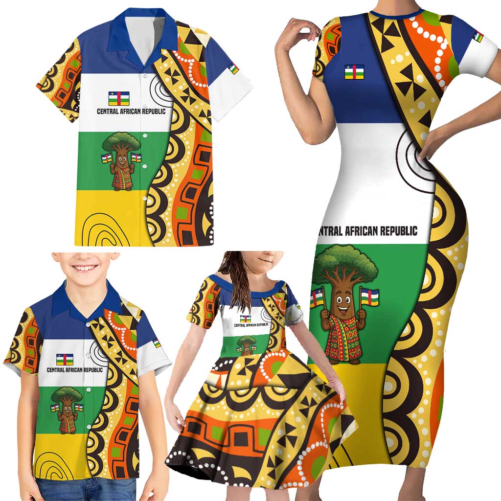 Central African Republic Family Matching Short Sleeve Bodycon Dress and Hawaiian Shirt with Cartoon Baobab Design and Flag Pattern - Wonder Print Shop