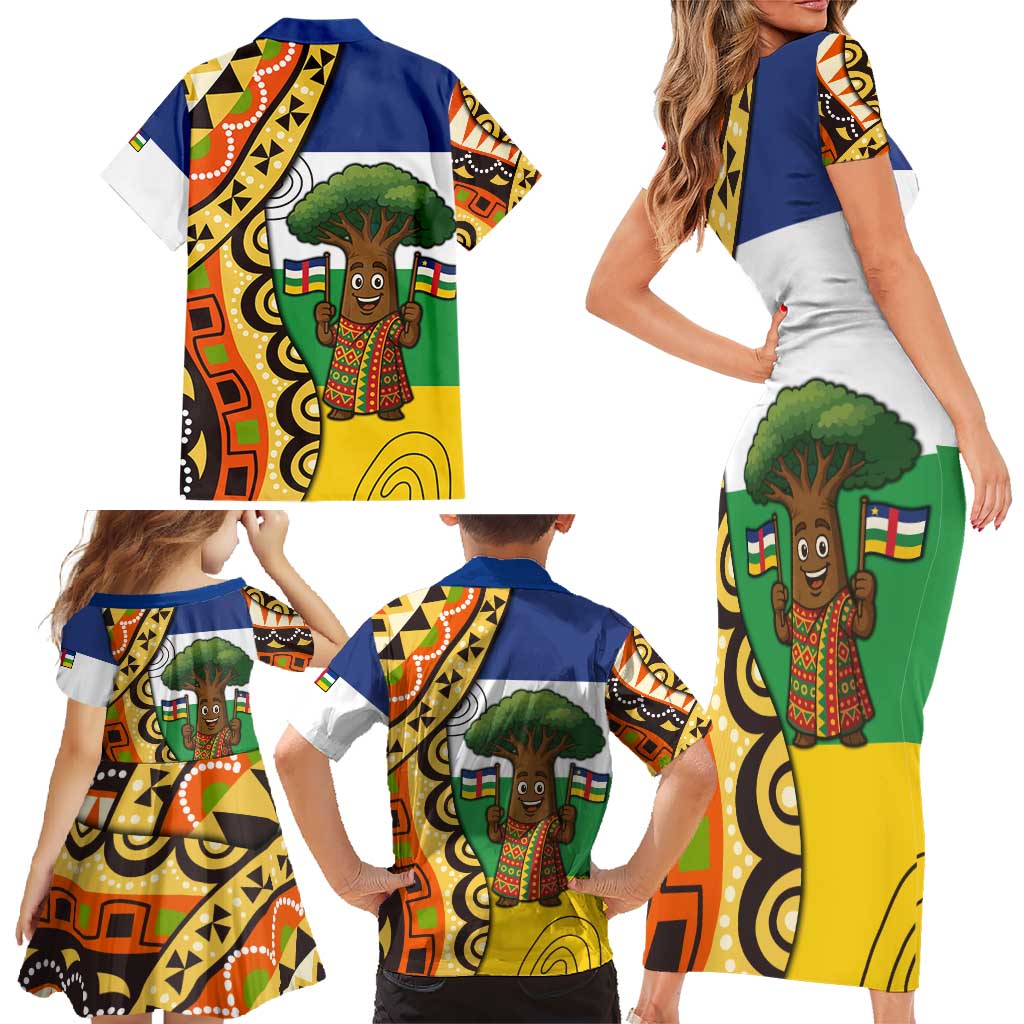 Central African Republic Family Matching Short Sleeve Bodycon Dress and Hawaiian Shirt with Cartoon Baobab Design and Flag Pattern - Wonder Print Shop