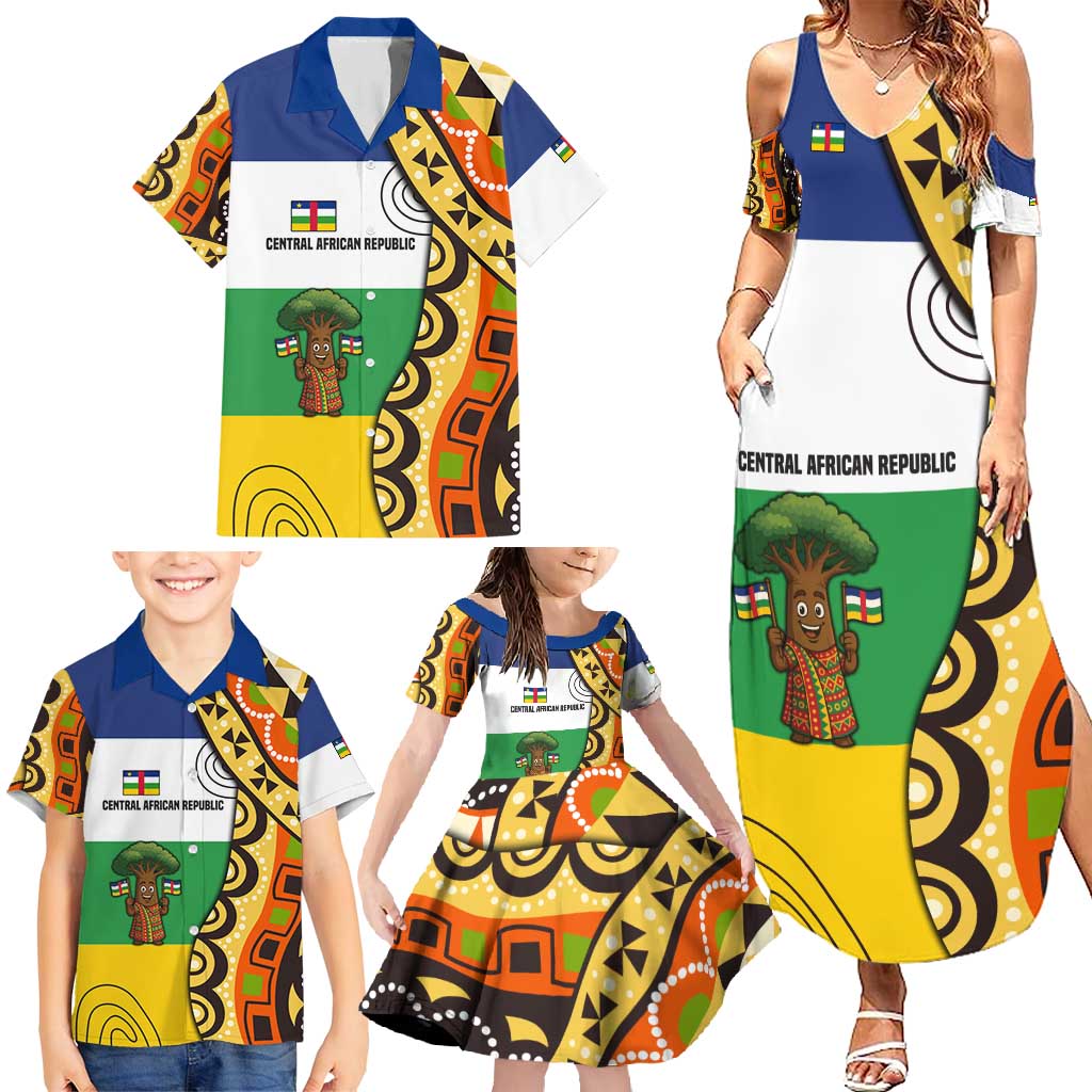 Central African Republic Family Matching Summer Maxi Dress and Hawaiian Shirt with Cartoon Baobab Design and Flag Pattern - Wonder Print Shop