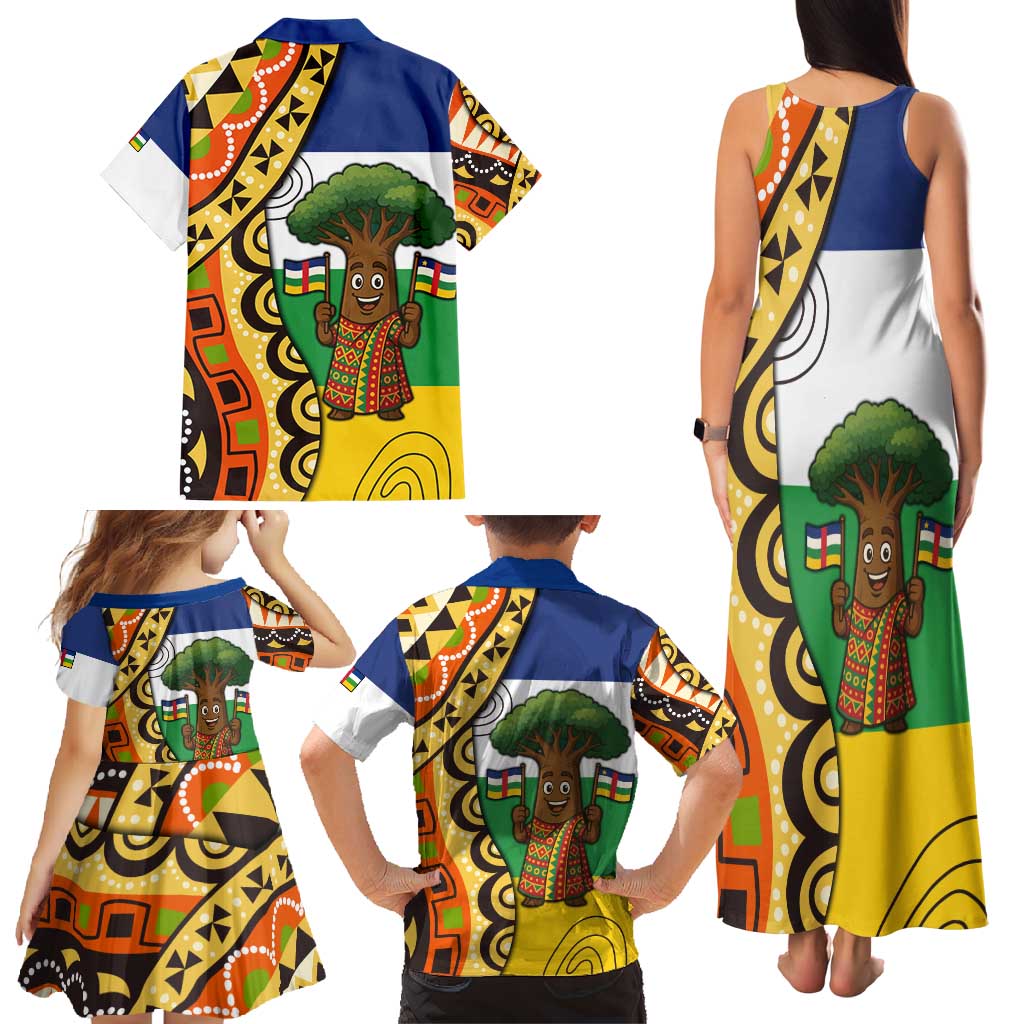 Central African Republic Family Matching Tank Maxi Dress and Hawaiian Shirt with Cartoon Baobab Design and Flag Pattern - Wonder Print Shop