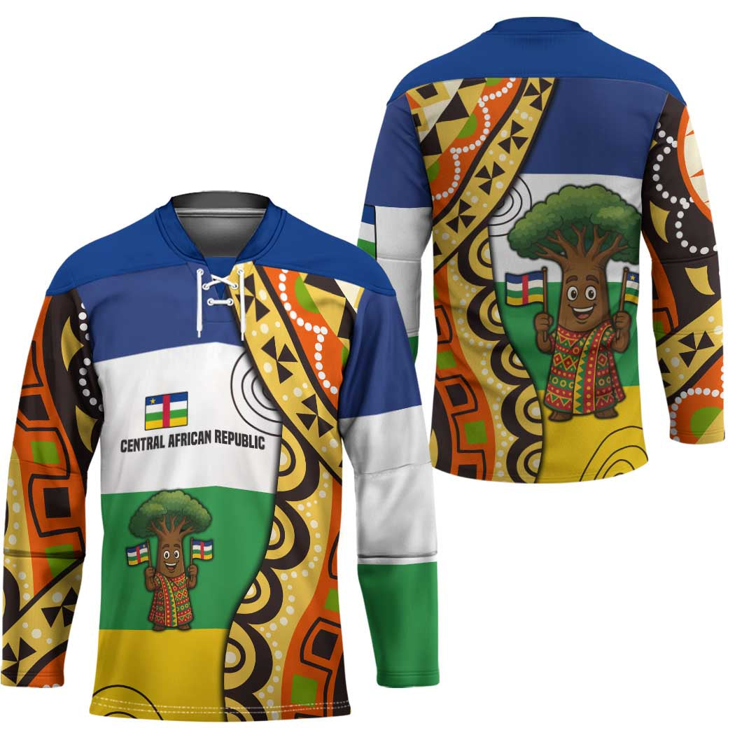 Central African Republic Hockey Jersey with Cartoon Baobab Design and Flag Pattern - Wonder Print Shop