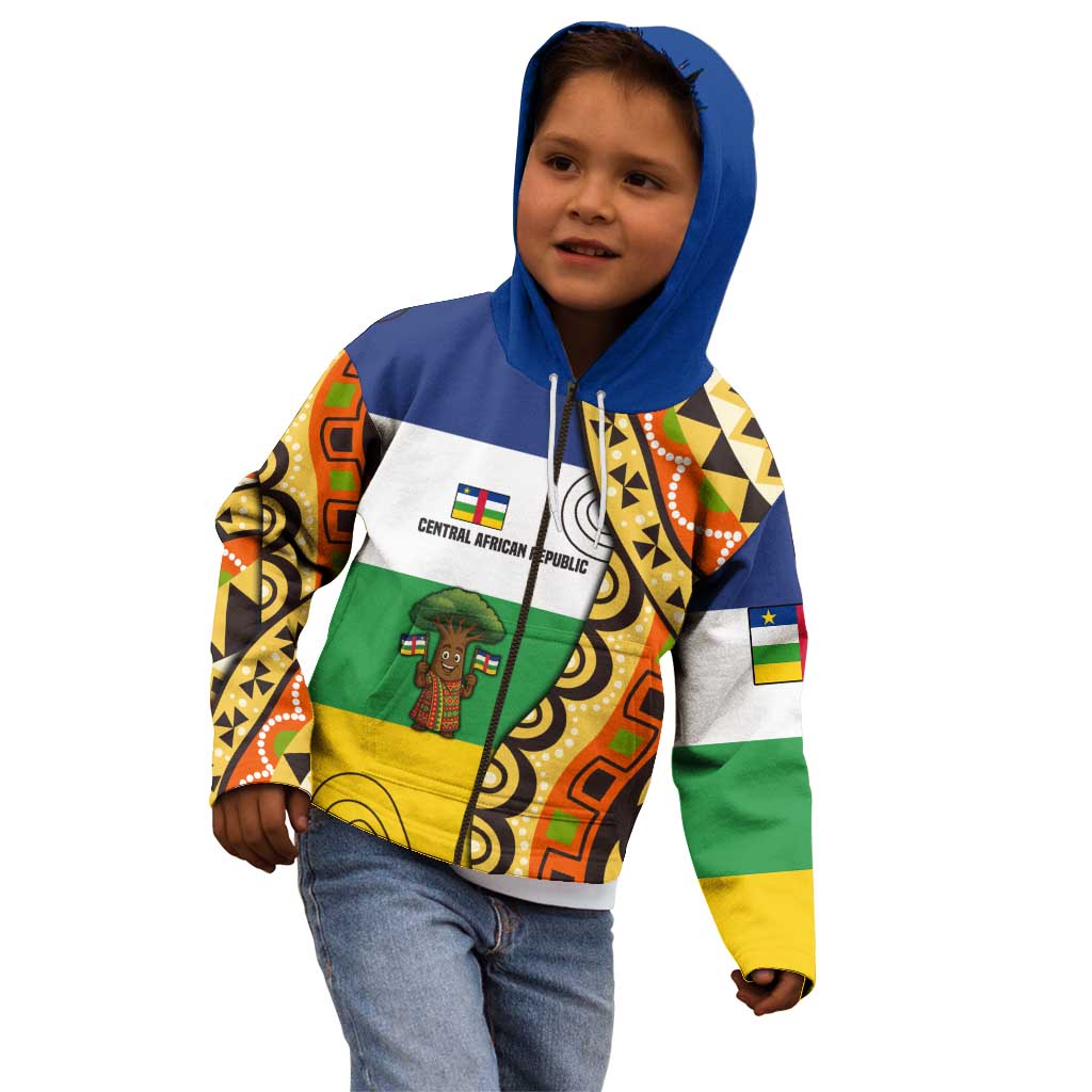 Central African Republic Kid Hoodie with Cartoon Baobab Design and Flag Pattern - Wonder Print Shop