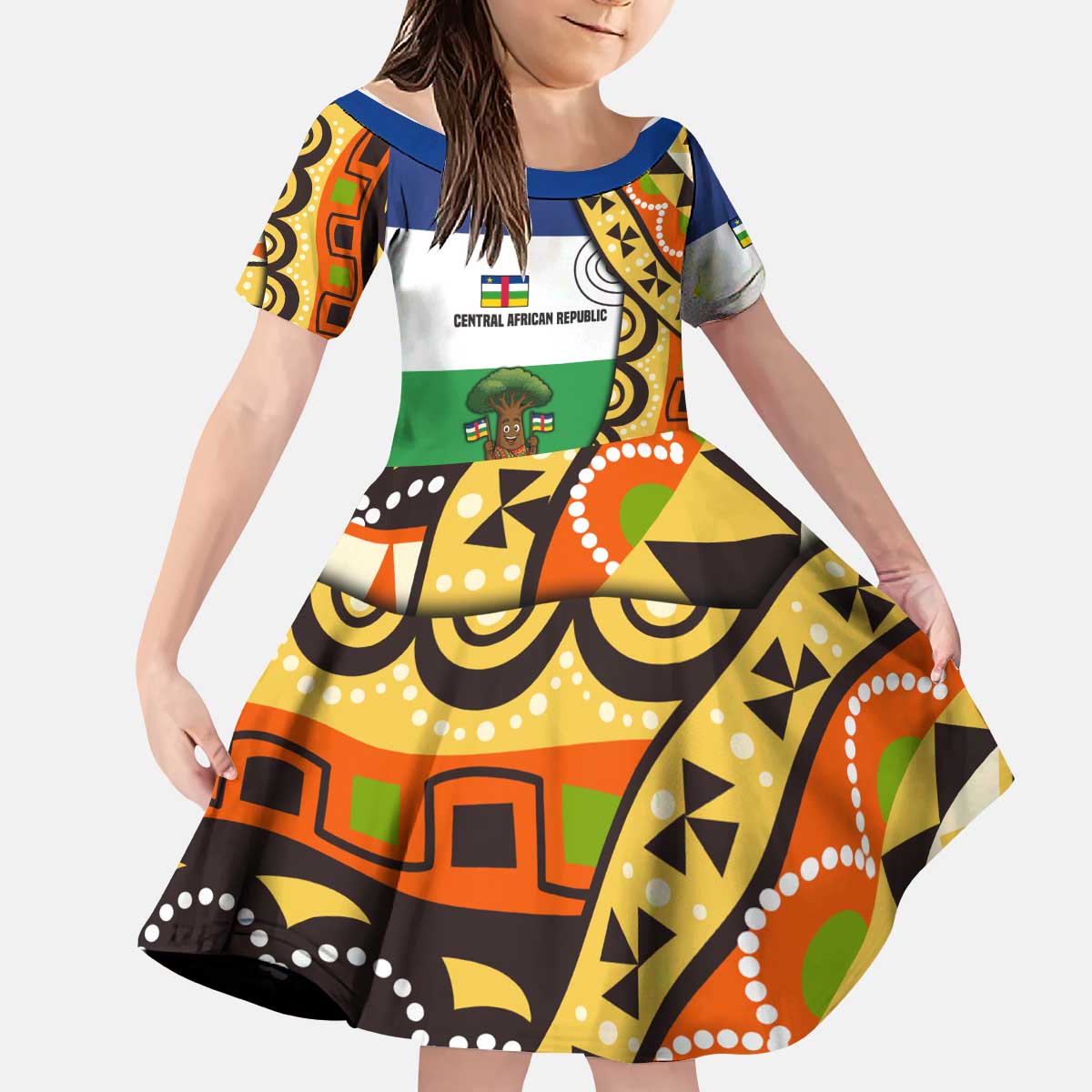Central African Republic Kid Short Sleeve Dress with Cartoon Baobab Design and Flag Pattern - Wonder Print Shop