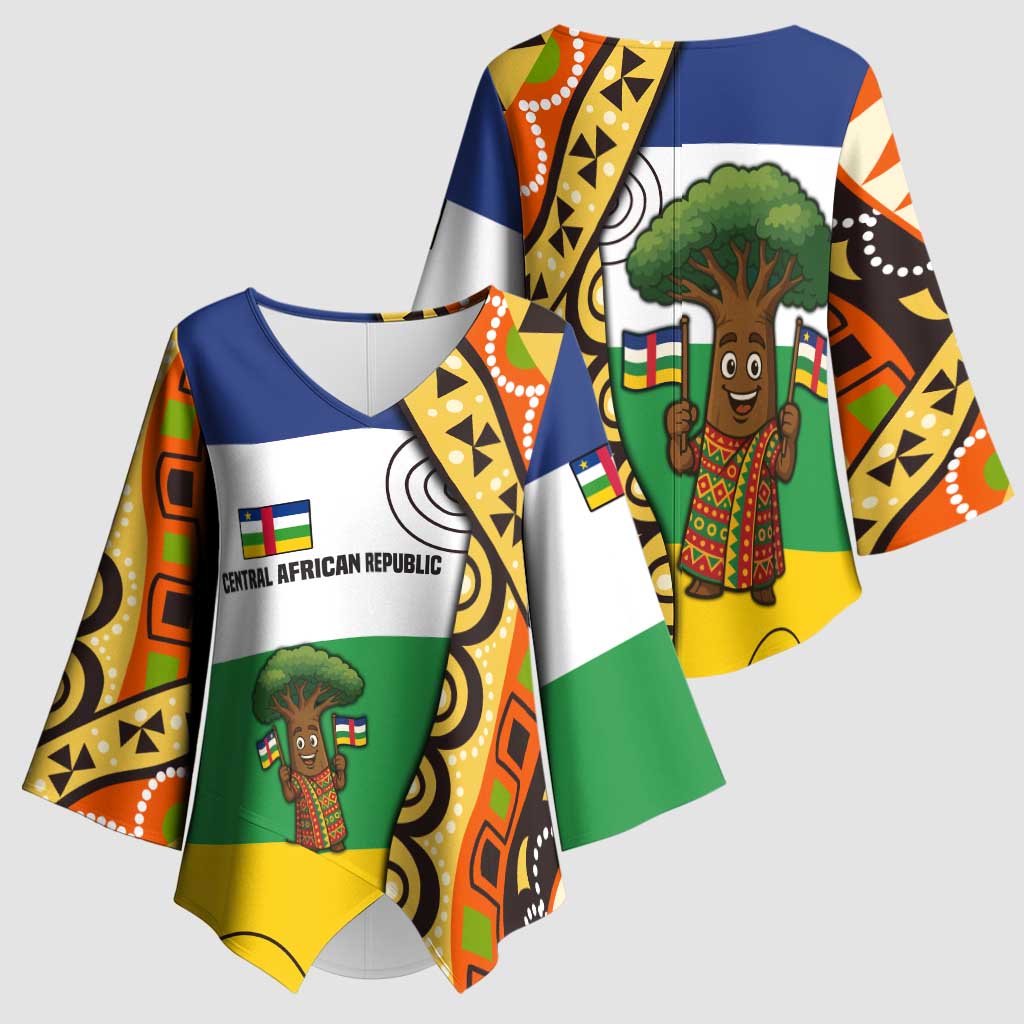 Central African Republic Kimono Sleeve Blouse with Cartoon Baobab Design and Flag Pattern - Wonder Print Shop