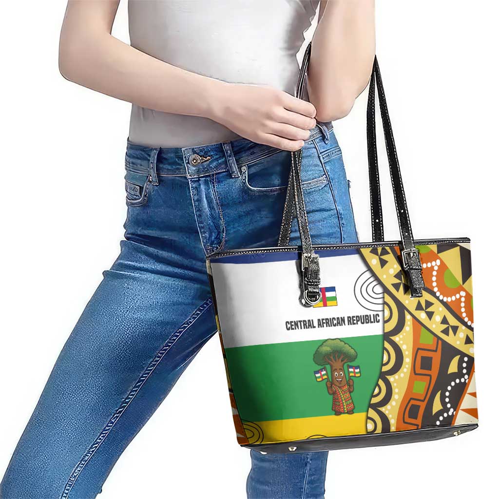 Central African Republic Leather Tote Bag with Cartoon Baobab Design and Flag Pattern - Wonder Print Shop