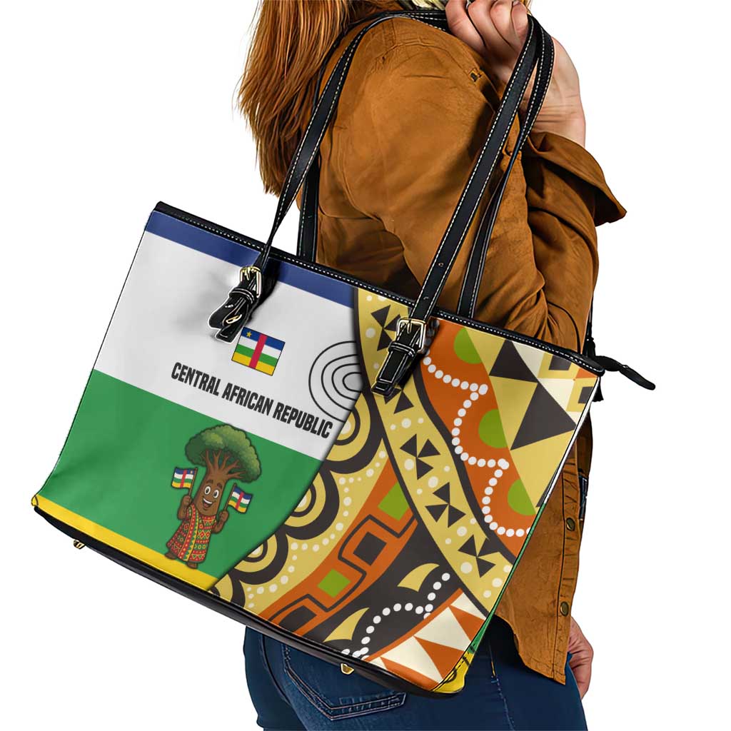 Central African Republic Leather Tote Bag with Cartoon Baobab Design and Flag Pattern - Wonder Print Shop