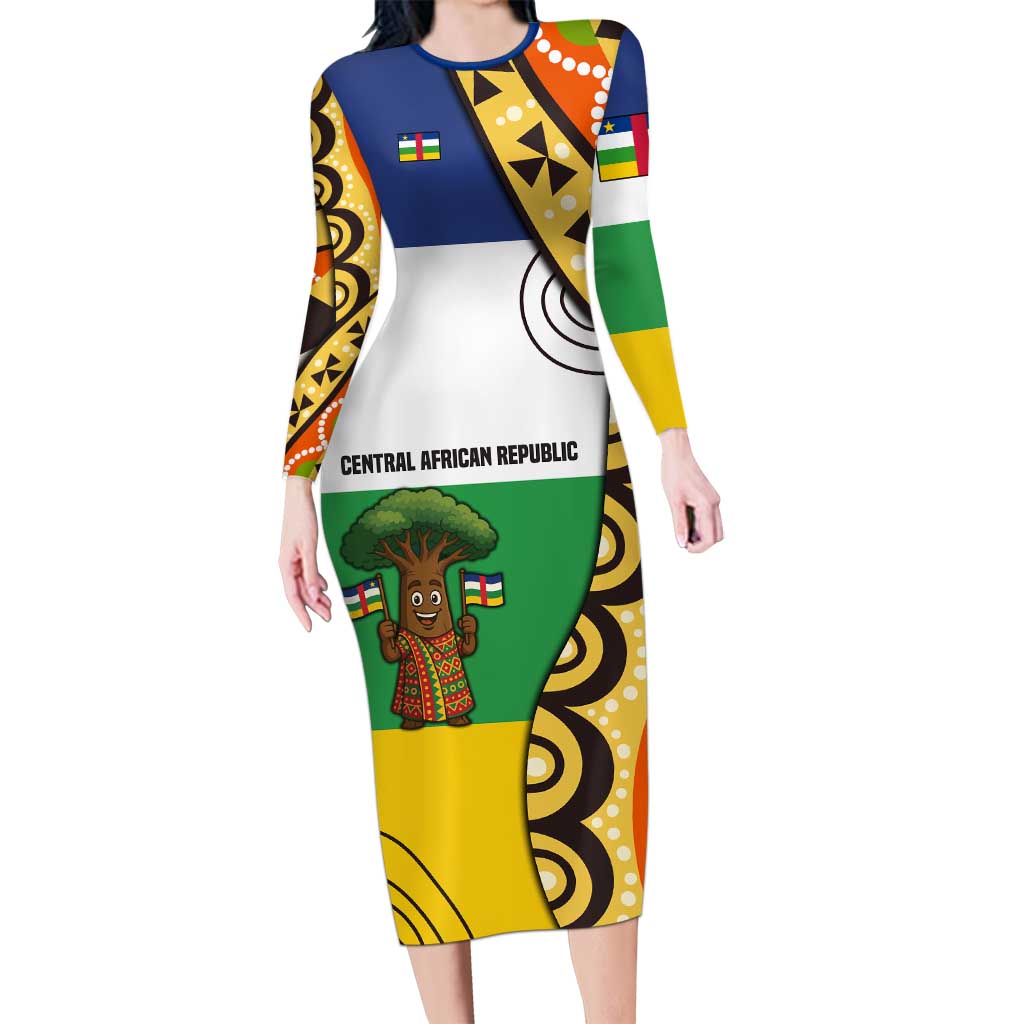 Central African Republic Long Sleeve Bodycon Dress with Cartoon Baobab Design and Flag Pattern - Wonder Print Shop