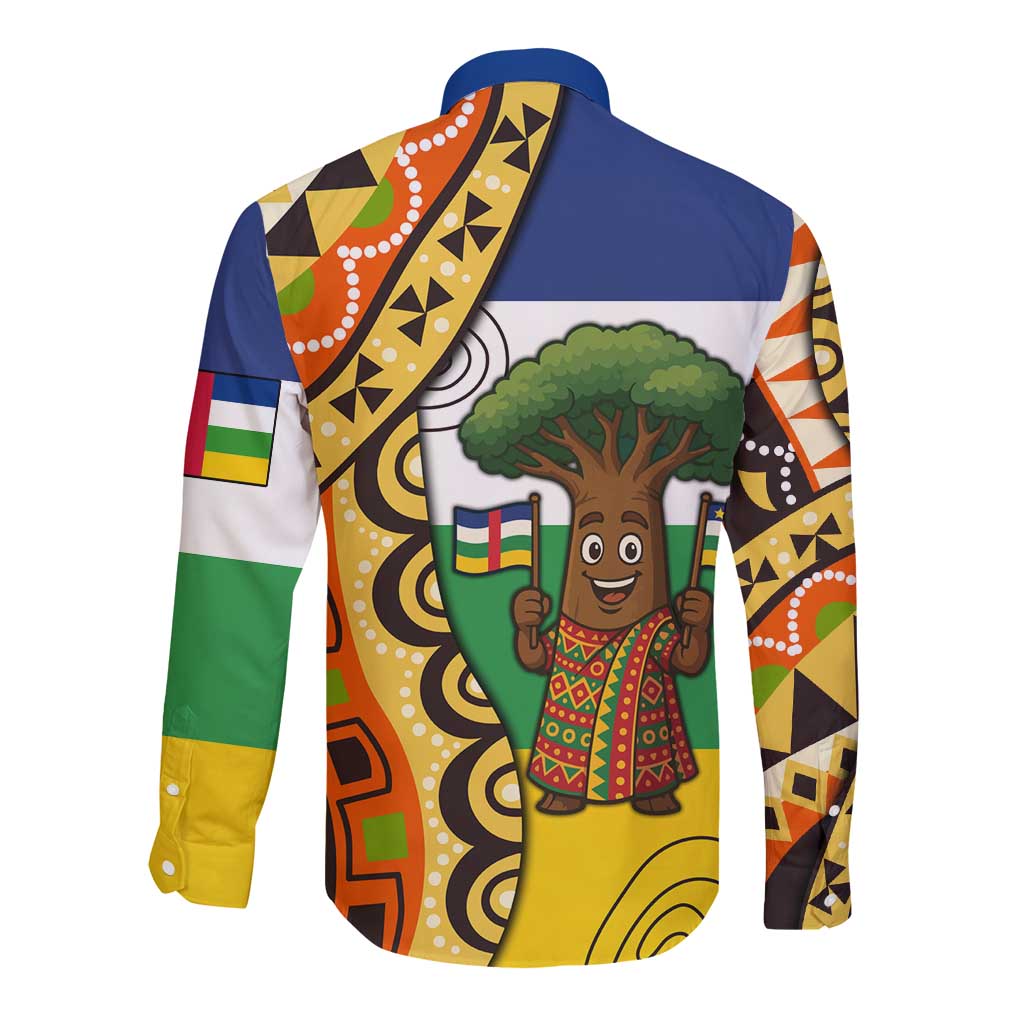 Central African Republic Long Sleeve Button Shirt with Cartoon Baobab Design and Flag Pattern - Wonder Print Shop