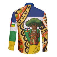 Central African Republic Long Sleeve Button Shirt with Cartoon Baobab Design and Flag Pattern - Wonder Print Shop