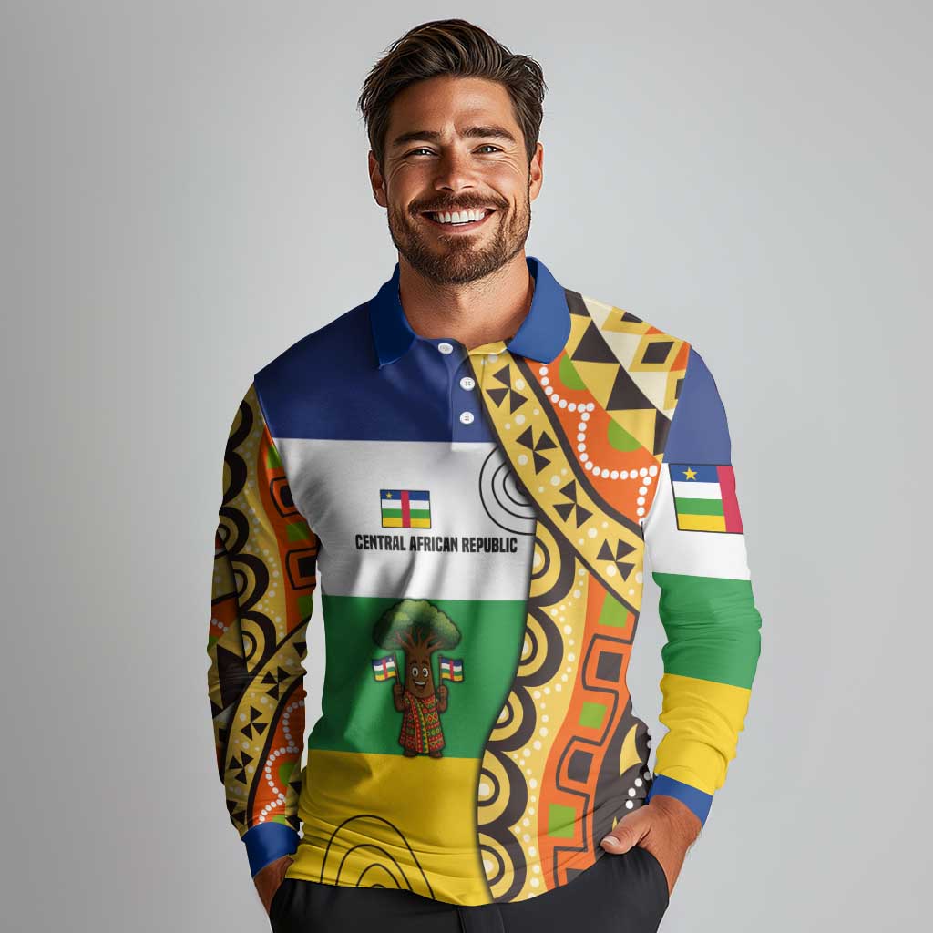 Central African Republic Long Sleeve Polo Shirt with Cartoon Baobab Design and Flag Pattern - Wonder Print Shop