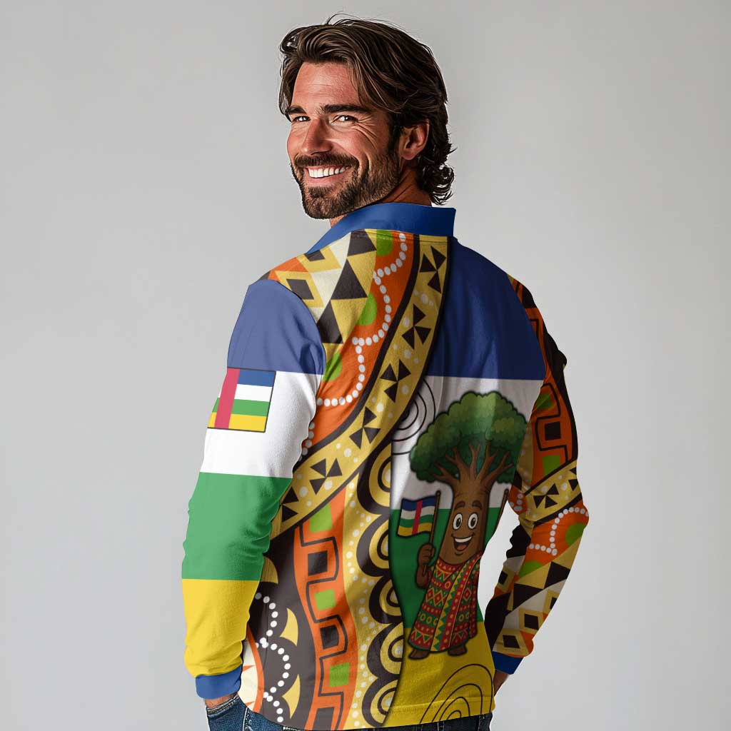 Central African Republic Long Sleeve Polo Shirt with Cartoon Baobab Design and Flag Pattern - Wonder Print Shop