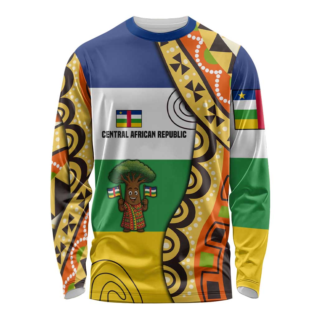 Central African Republic Long Sleeve Shirt with Cartoon Baobab Design and Flag Pattern - Wonder Print Shop