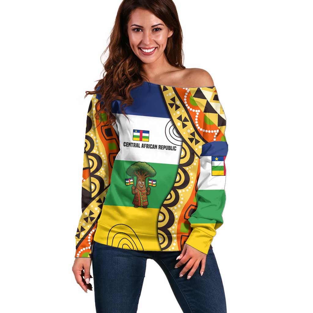 Central African Republic Off Shoulder Sweater with Cartoon Baobab Design and Flag Pattern - Wonder Print Shop