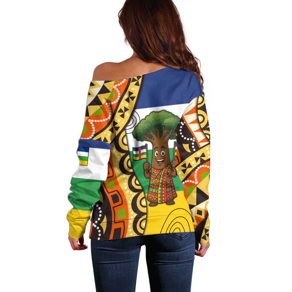 Central African Republic Off Shoulder Sweater with Cartoon Baobab Design and Flag Pattern - Wonder Print Shop