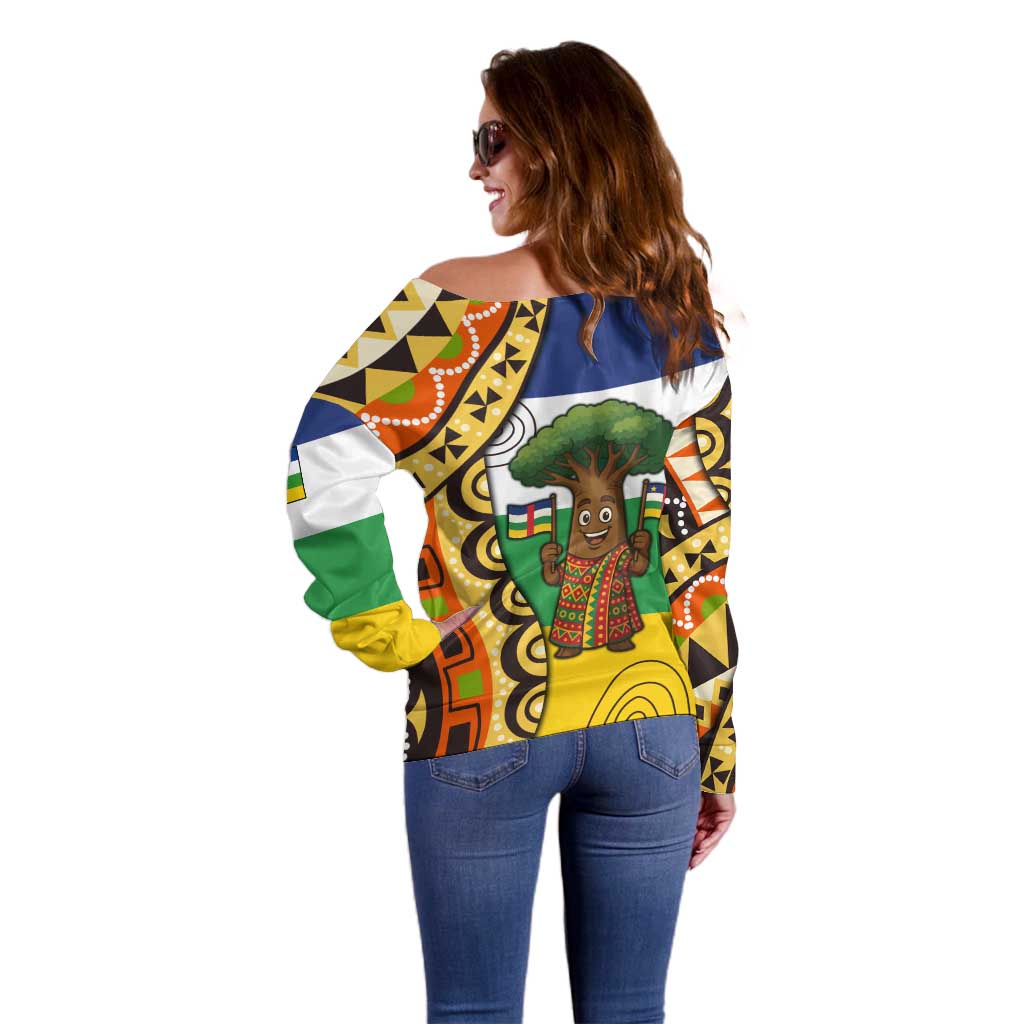 Central African Republic Off Shoulder Sweater with Cartoon Baobab Design and Flag Pattern - Wonder Print Shop