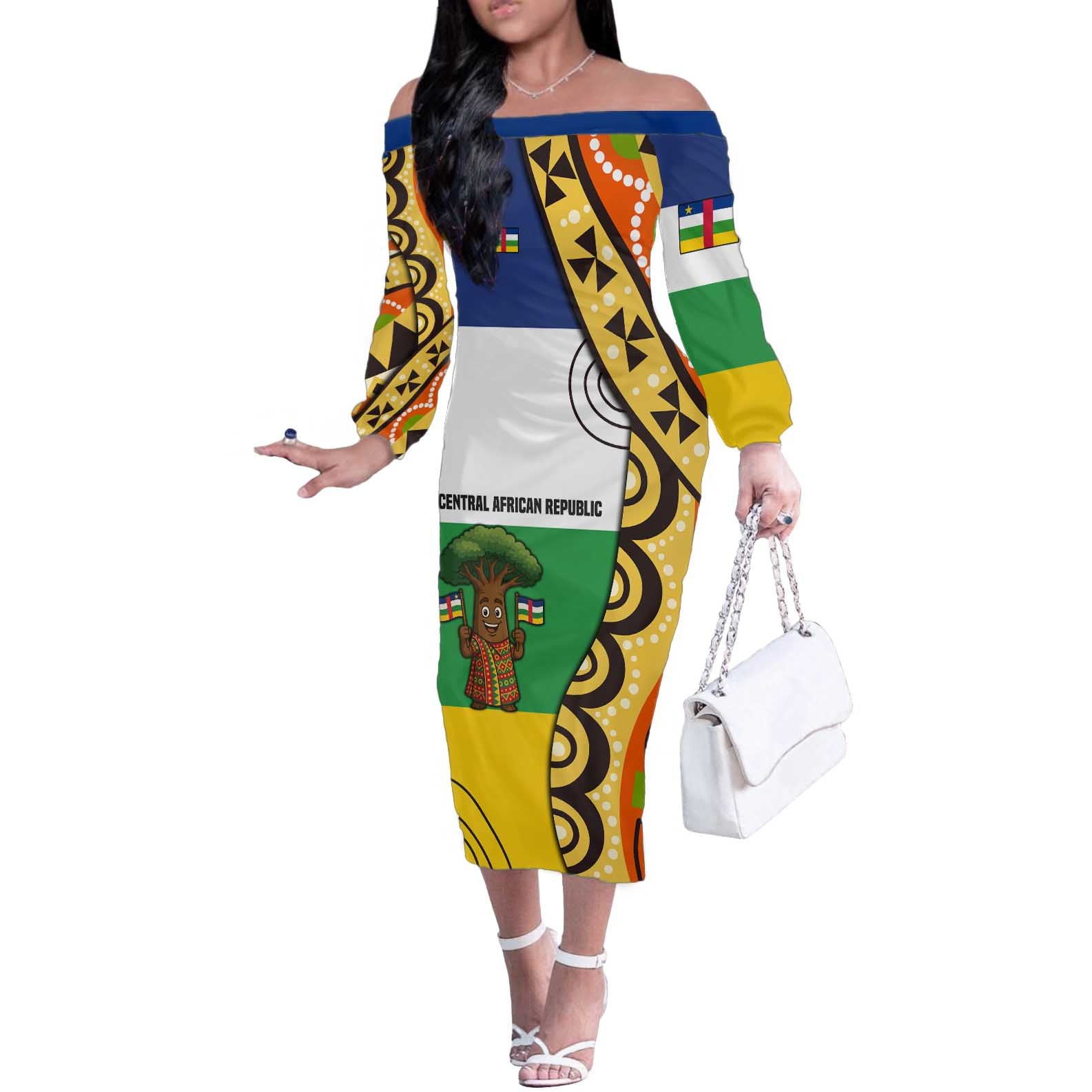 Central African Republic Off The Shoulder Long Sleeve Dress with Cartoon Baobab Design and Flag Pattern - Wonder Print Shop
