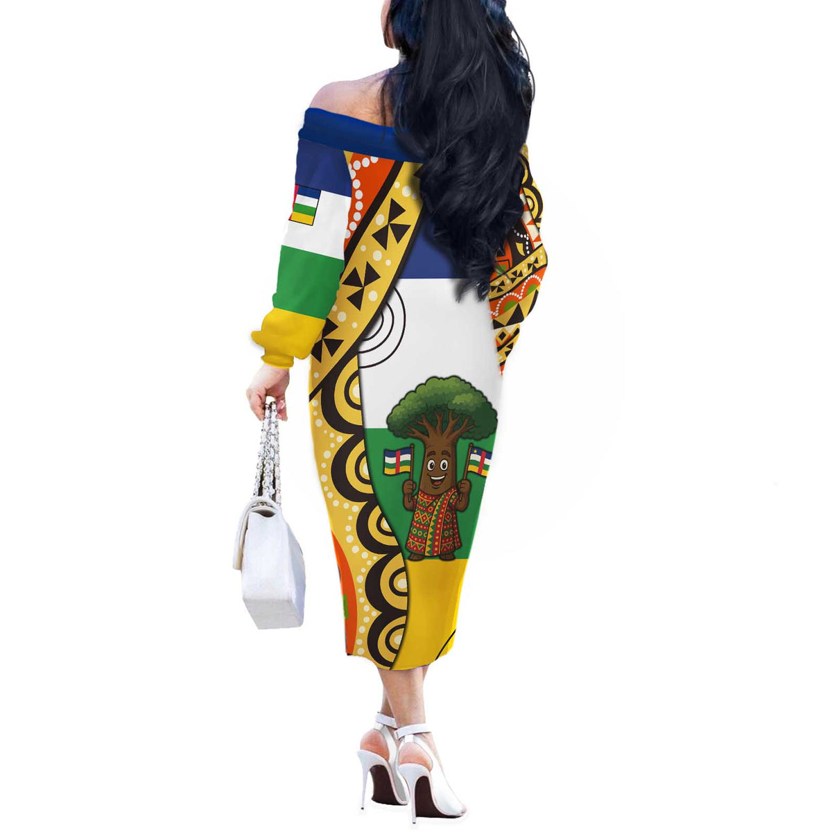 Central African Republic Off The Shoulder Long Sleeve Dress with Cartoon Baobab Design and Flag Pattern - Wonder Print Shop