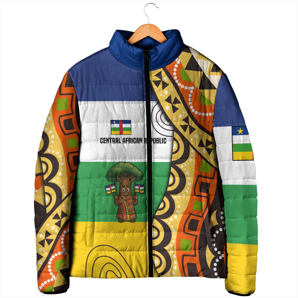 Central African Republic Padded Jacket with Cartoon Baobab Design and Flag Pattern - Wonder Print Shop