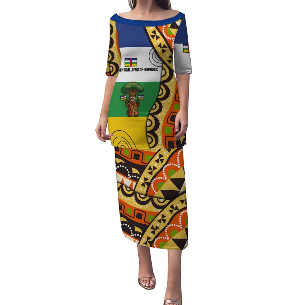 Central African Republic Puletasi with Cartoon Baobab Design and Flag Pattern - Wonder Print Shop