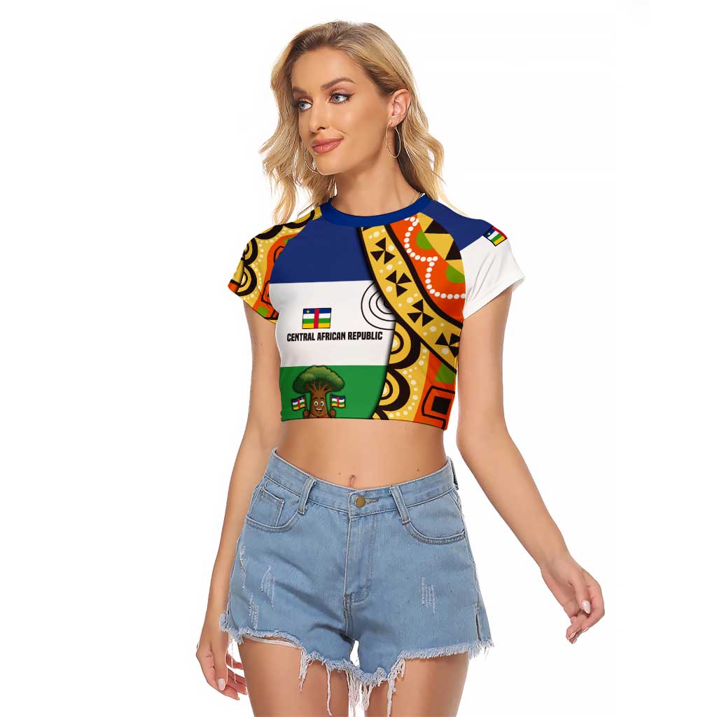 Central African Republic Raglan Cropped T Shirt with Cartoon Baobab Design and Flag Pattern - Wonder Print Shop