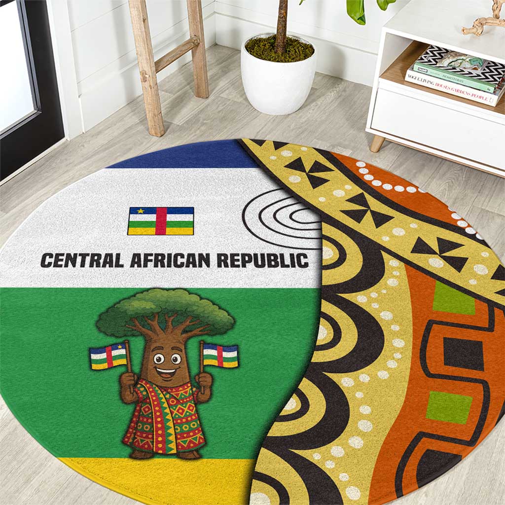 Central African Republic Round Carpet with Cartoon Baobab Design and Flag Pattern - Wonder Print Shop