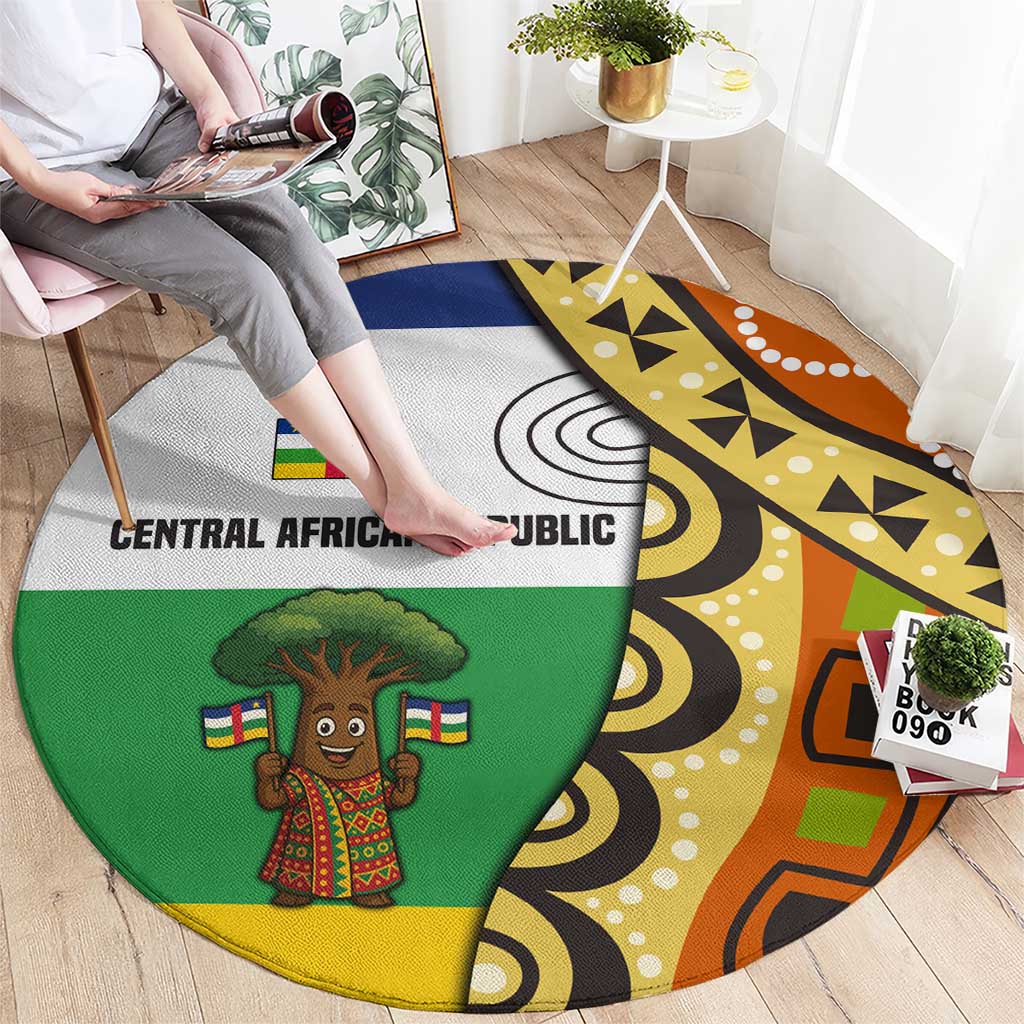 Central African Republic Round Carpet with Cartoon Baobab Design and Flag Pattern - Wonder Print Shop