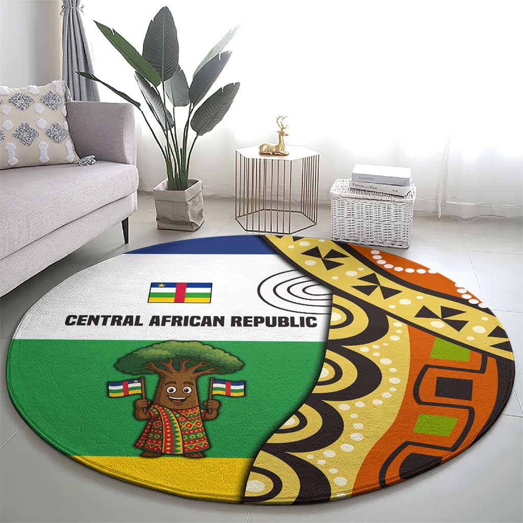 Central African Republic Round Carpet with Cartoon Baobab Design and Flag Pattern - Wonder Print Shop