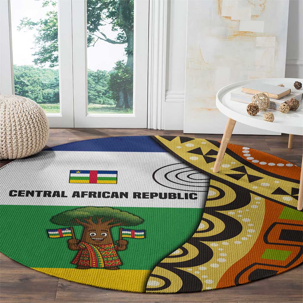 Central African Republic Round Carpet with Cartoon Baobab Design and Flag Pattern - Wonder Print Shop