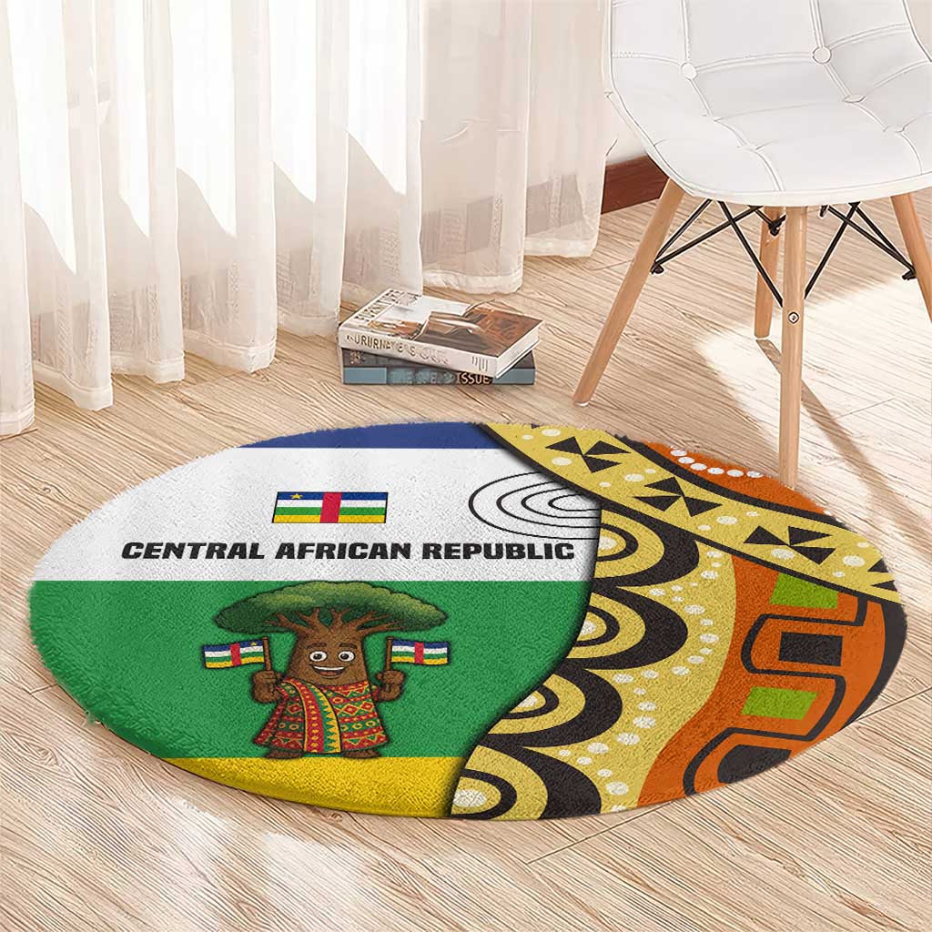 Central African Republic Round Carpet with Cartoon Baobab Design and Flag Pattern - Wonder Print Shop