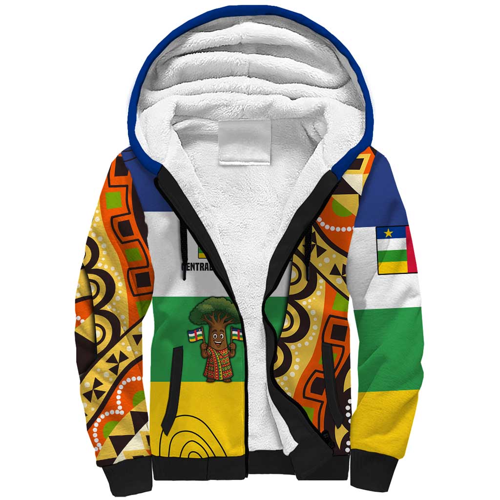 Central African Republic Sherpa Hoodie with Cartoon Baobab Design and Flag Pattern - Wonder Print Shop