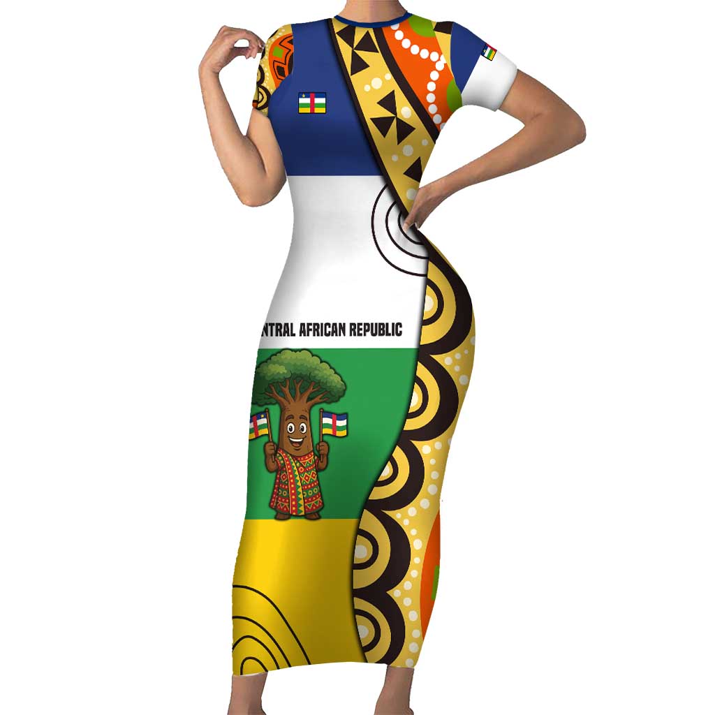 Central African Republic Short Sleeve Bodycon Dress with Cartoon Baobab Design and Flag Pattern - Wonder Print Shop