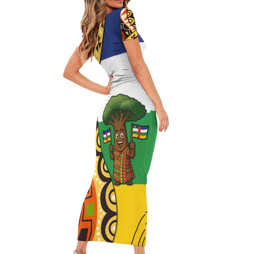 Central African Republic Short Sleeve Bodycon Dress with Cartoon Baobab Design and Flag Pattern - Wonder Print Shop