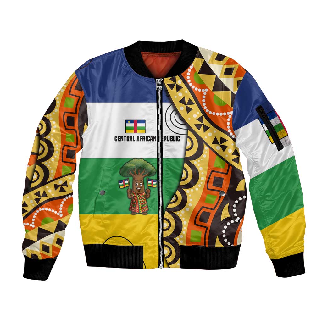Central African Republic Sleeve Zip Bomber Jacket with Cartoon Baobab Design and Flag Pattern - Wonder Print Shop