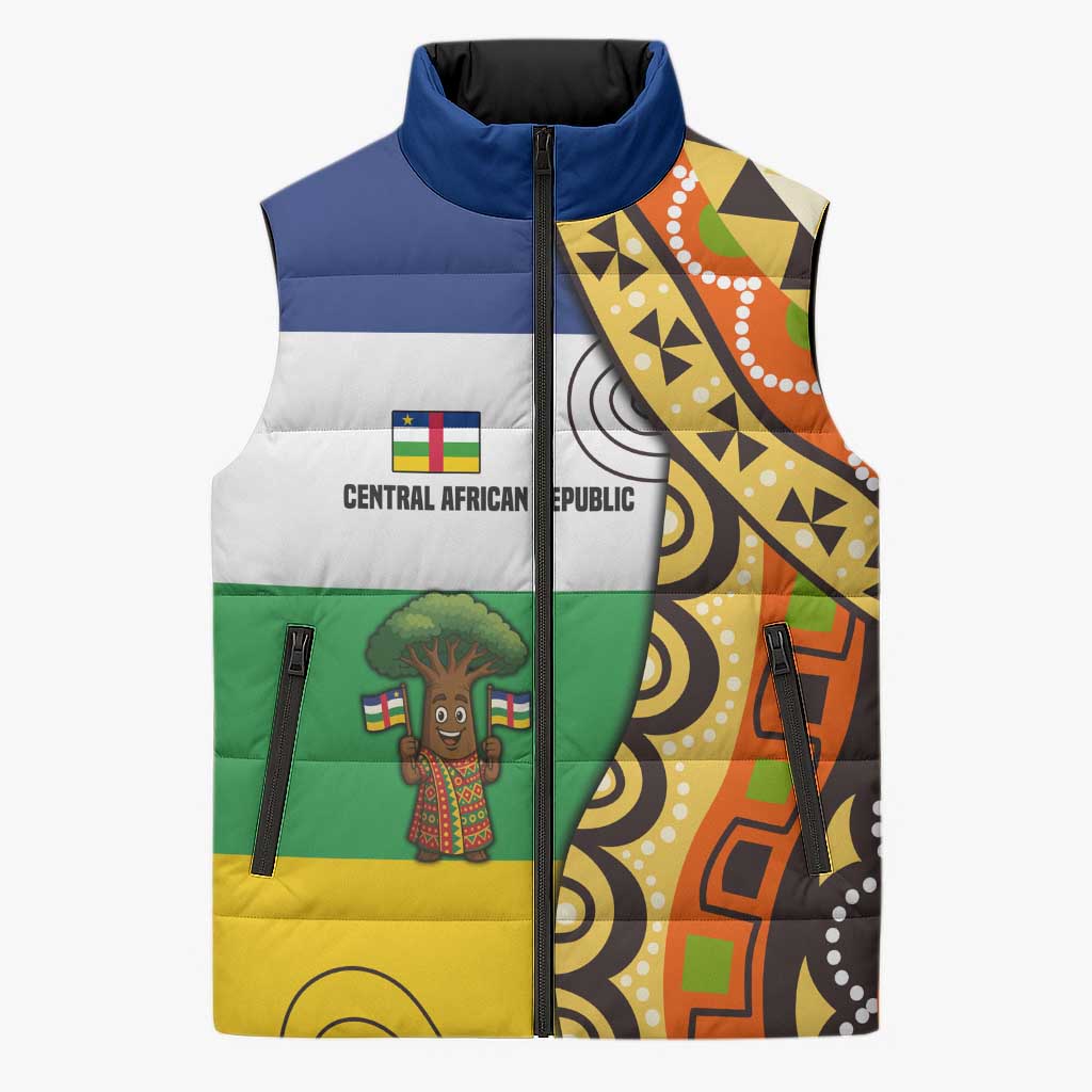 Central African Republic Sleeveless Puffer Jacket with Cartoon Baobab Design and Flag Pattern - Wonder Print Shop