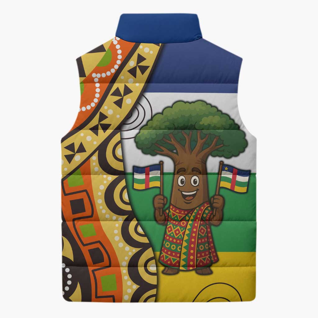 Central African Republic Sleeveless Puffer Jacket with Cartoon Baobab Design and Flag Pattern - Wonder Print Shop