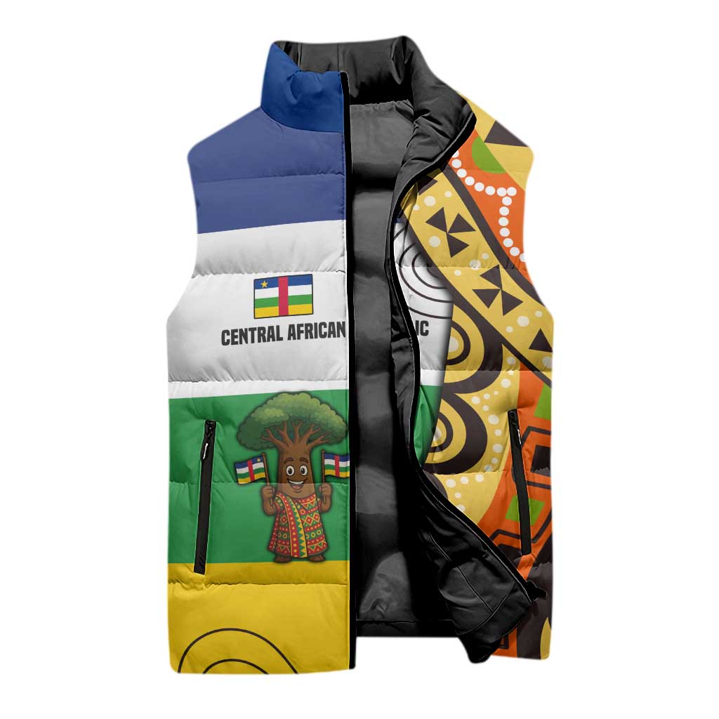 Central African Republic Sleeveless Puffer Jacket with Cartoon Baobab Design and Flag Pattern - Wonder Print Shop