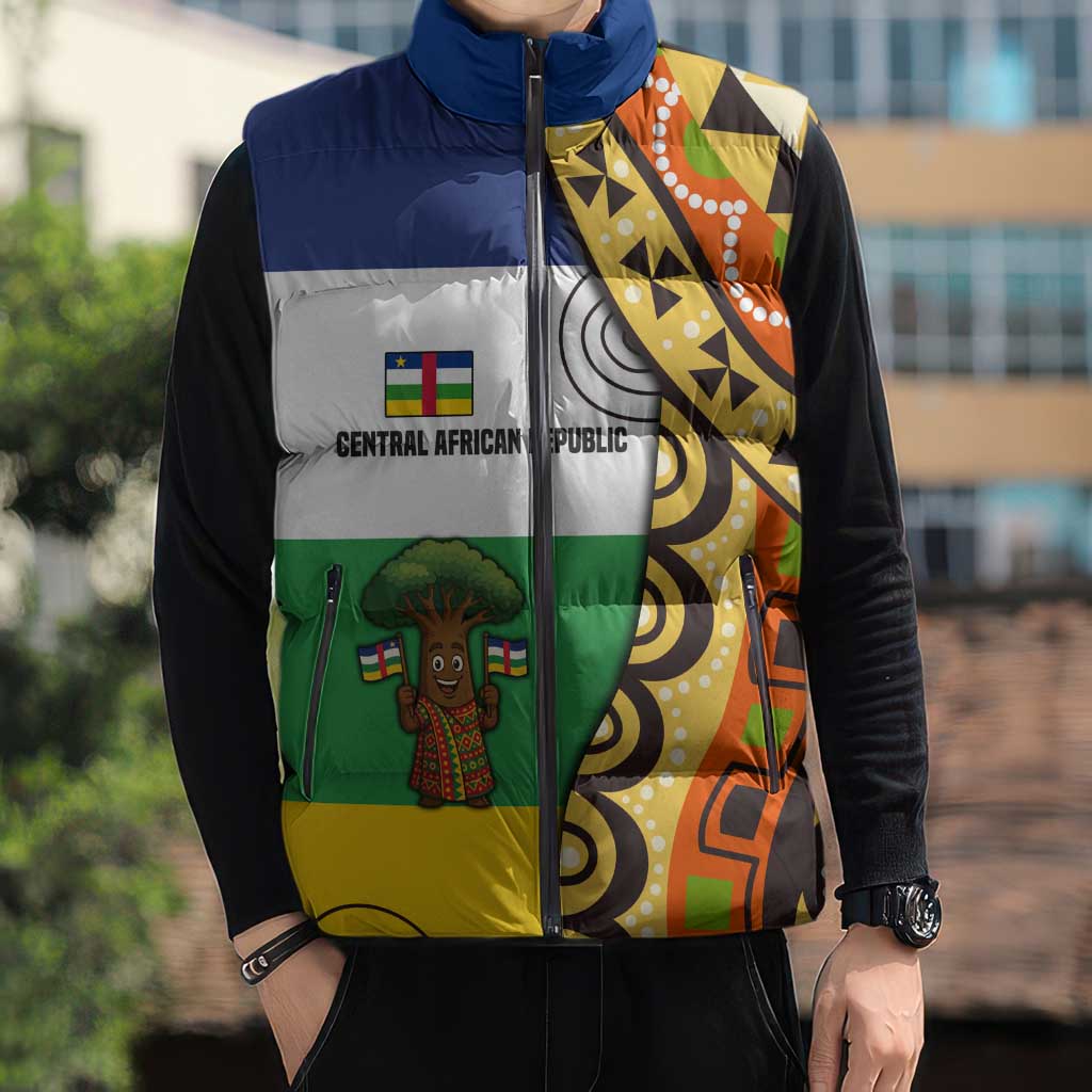 Central African Republic Sleeveless Puffer Jacket with Cartoon Baobab Design and Flag Pattern - Wonder Print Shop